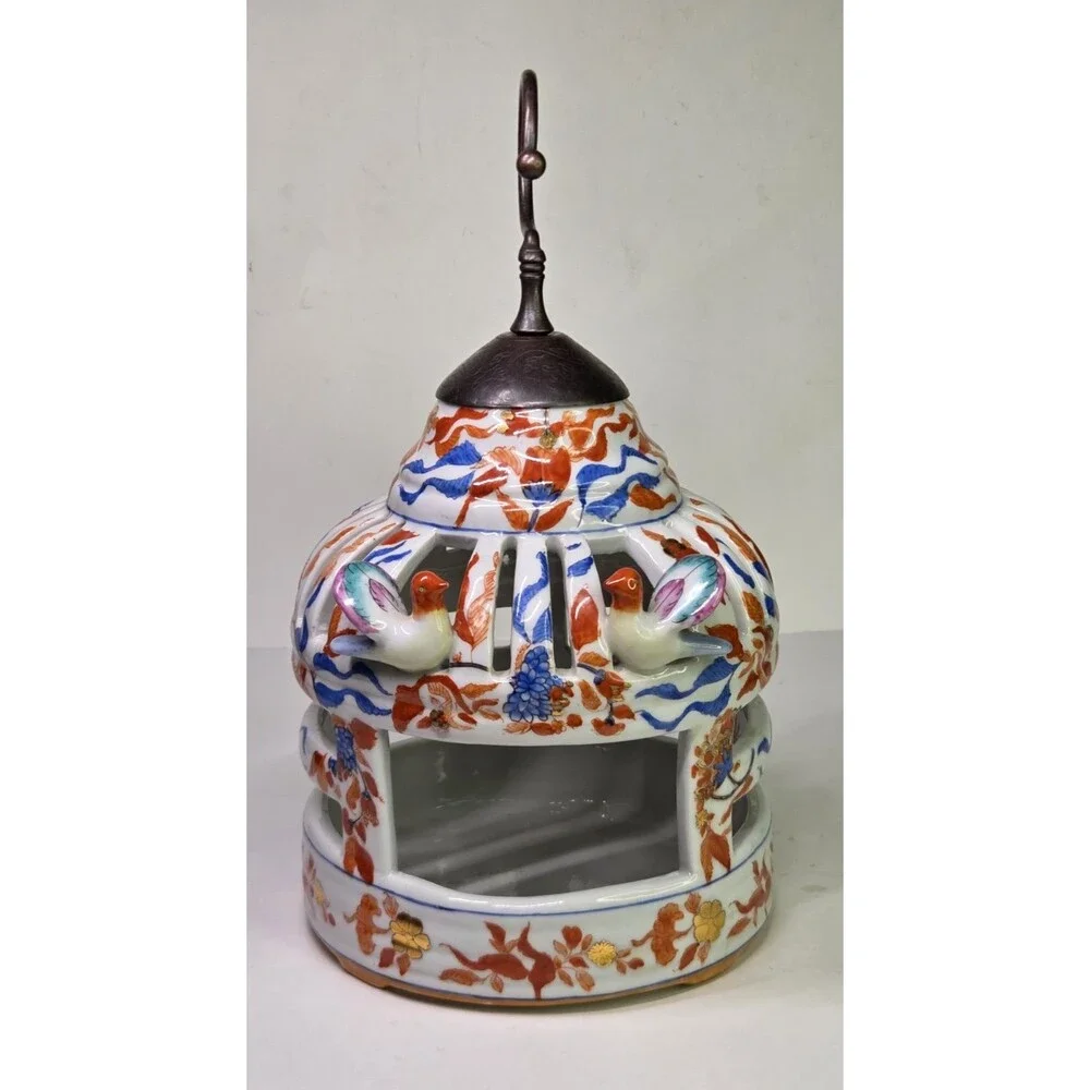 Vintage Chinoiserie Ceramic Bird Cage Candle Holder Lantern Hanger Gold Imari